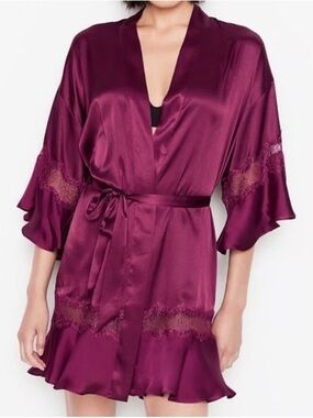 Victoria's Secret Plum Satin Lace-Trim Robe